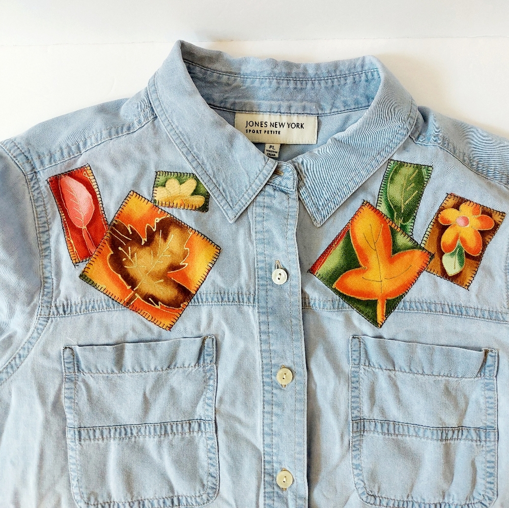 Autumn Leaf Patchwork Light Chambray Denim Shirt … - image 4